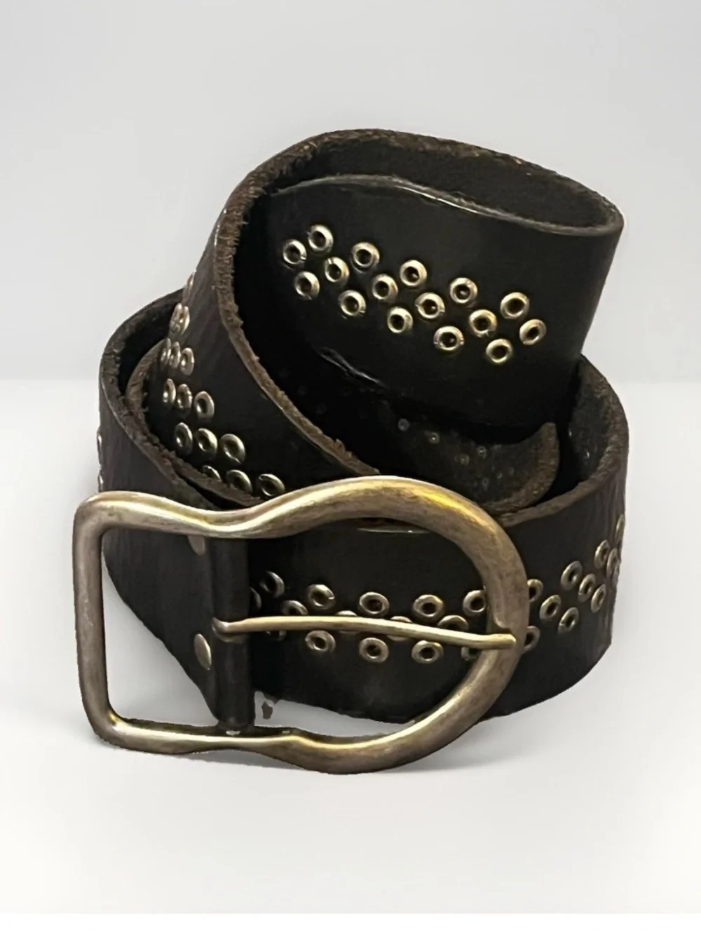 Women’s Leather Belt Olga Santini Wide Grommets Studded Belt Black Large Boho